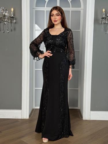 فستان سهرة أسود لامع بأكمام دانتيل شفافة، ينحت الق...