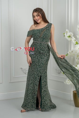 فستان سهرة زيتي مشجر بكتف واحد وفتحة جانبية - إطلا...