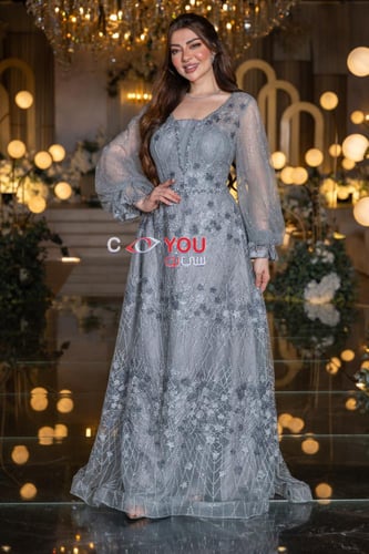 فستان سهرة نسائي لون الافندر مطرز بأكمام قصيره شفا...