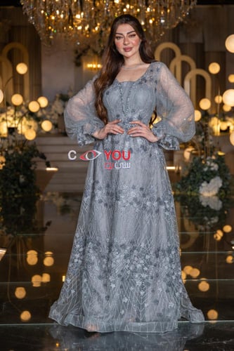 فستان سهرة نسائي لون الافندر مطرز بأكمام قصيره شفا...