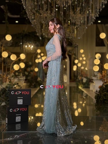 فستان سهرة تيفاني ثلجي مطرّز بقصّة خصر ورقبة V وأك...