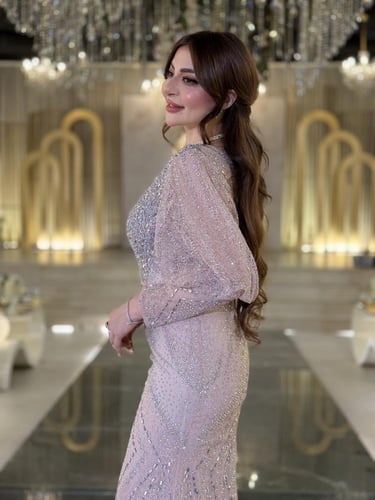 فستان سهرة وردي بودري لامع بأكمام بالونية تضيف فخا...