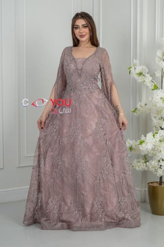 فستان سهرة وردي غباري فاخر مطرز بترتر لامع مع أكما...