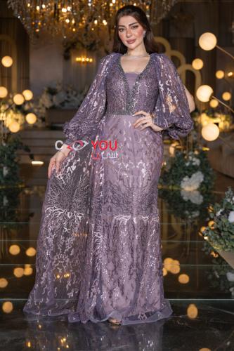 ستان سهرة موف أنيق مطرز بالكامل مع أكمام شفافة طوي...