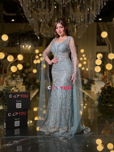 فستان سهرة تيفاني ثلجي مطرّز بقصّة خصر ورقبة V وأك...