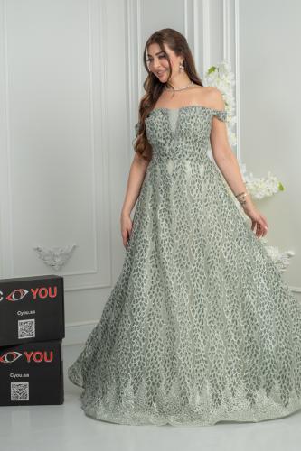Mint embroidered off-shoulder evening dress