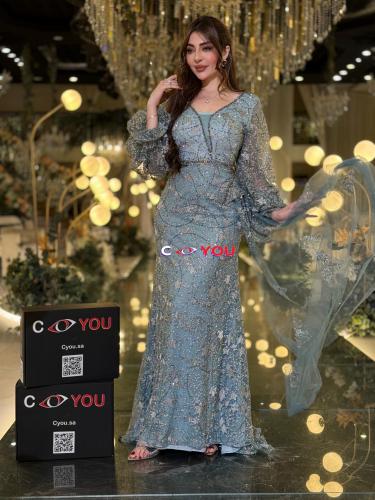 فستان سهرة تيفاني ثلجي مطرّز برقبة V وأكمام شفافة...