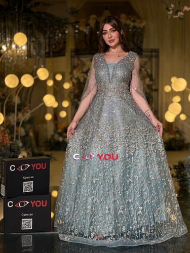 فستان سهرة تيفاني ثلجي مطرّز بقصّة خصر ورقبة V وأك...