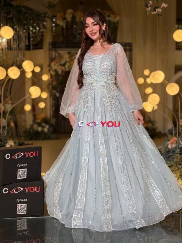 فستان سهرة سماوي فاتح مطرّز بخطوط عمودية بقصّة A-L...