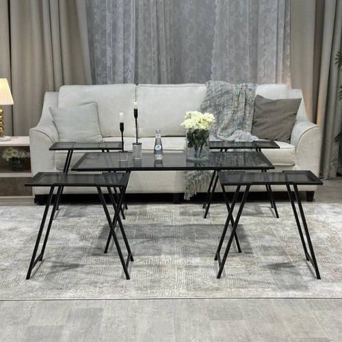 طقم طاولات أسود أنيق بسطح زجاجي أسود شفاف ولمسات م...