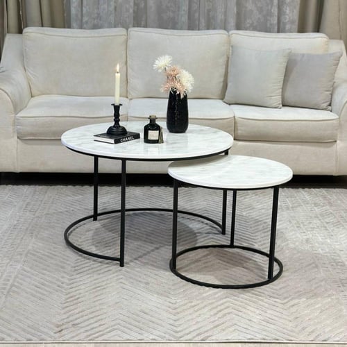 طقم طاولتين متداخلة خشب أبيض حديد أسود مع 4 خدمة -...