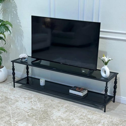 طاولة تلفزيون دورين - حديد أسود زجاج أسود شفاف