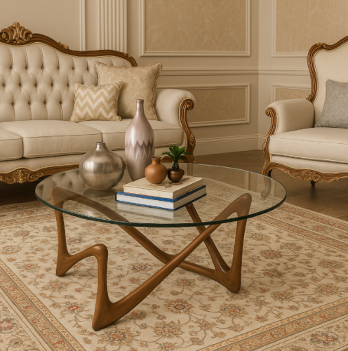 طاولة ضيافة خشب بني سطح زجاج شفاف - بتصميم أنيق وف...