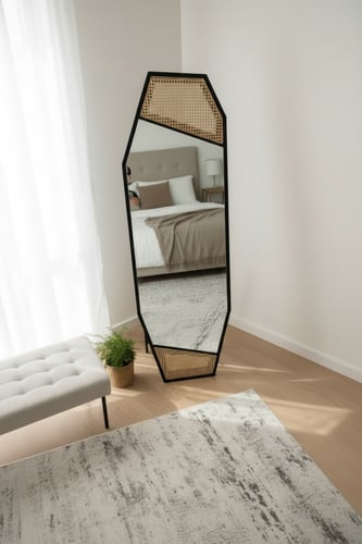 مرآة أرضية كاملة بإطار خشبي أسود مع تفاصيل راتان ق...