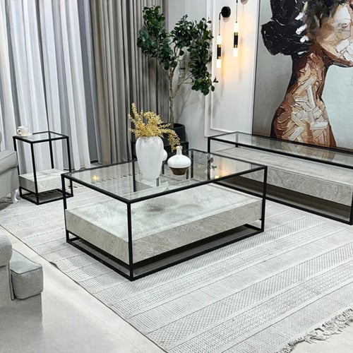 طقم طاولة تقديم بديل الرخام مع سطح زجاج شفاف و 4 ط...