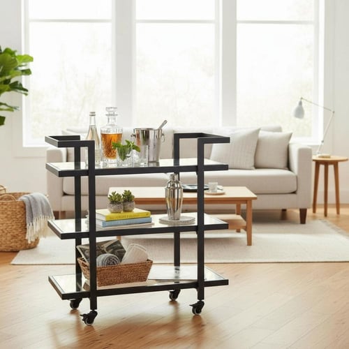 عربية تقديم ضيافة 3 دور حديد أسود سطح زجاج شفاف