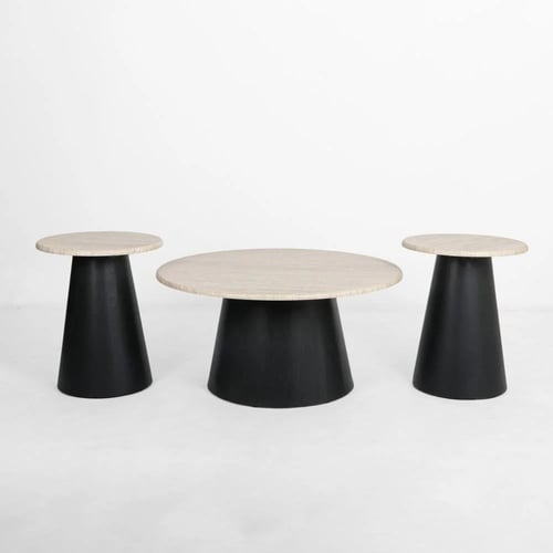 طقم طاولات ضيافة 3 قطع قاعدة حديد سوداء سطح خشب بي...