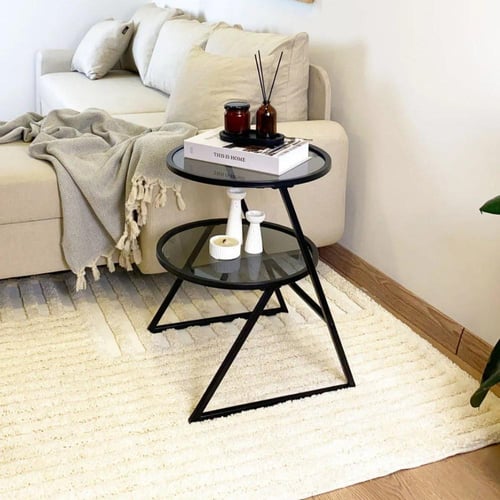 طاولة جانبية دورين حديد أسود سطح زجاج أسود شفاف -...