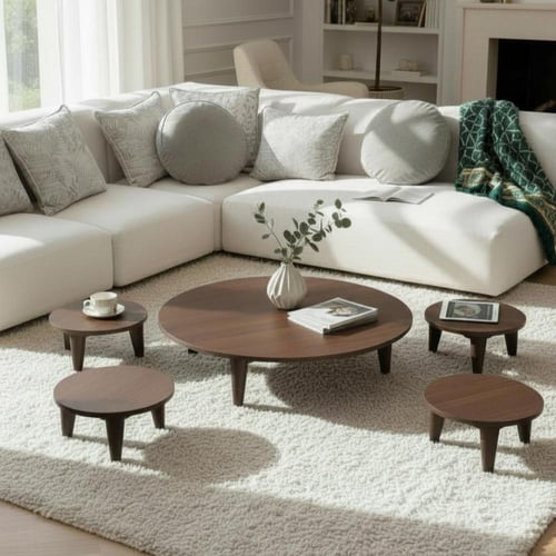 طقم طاولات ارضي مع 4 خدمة خشب بني شكل دائري - بتصم...