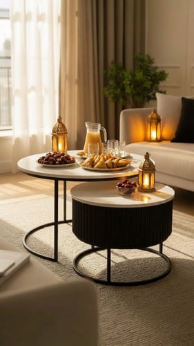 طقم طاولتين ضيافة متداخلة لون اسود سطح خشب شكل رخا...