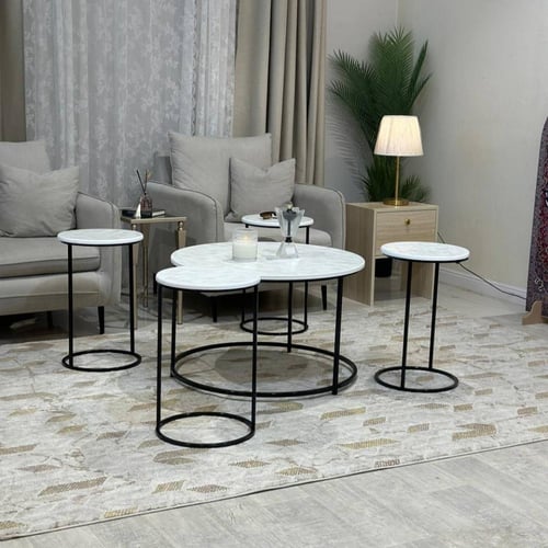 طقم طاولات 5قطع دائري خشب شكل رخامي