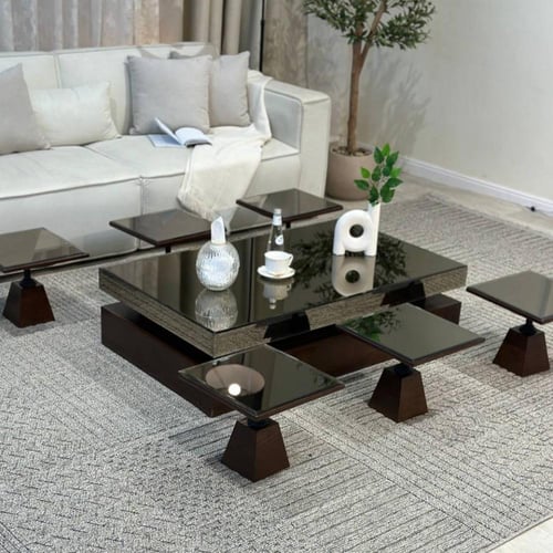 طقم طاولات سطح مراية ارضي مع 6 خدمة لون بني