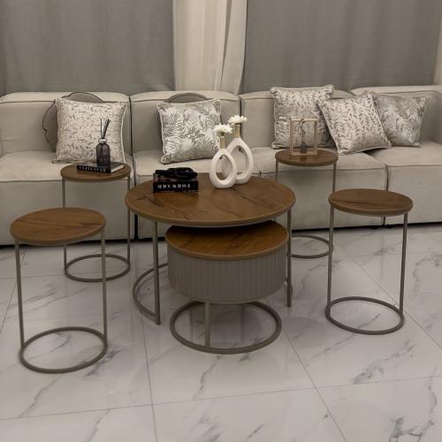 طقم طاولتين خشب كنب مع 4 خدمة لون شمباني