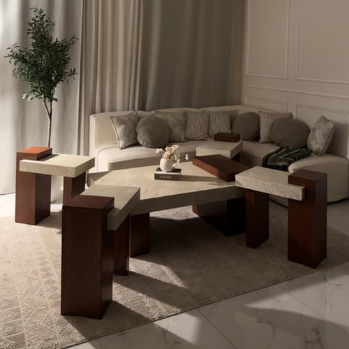 طقم طاولة ضيافة بني مع سطح بديل الرخام وسطح العلوي...