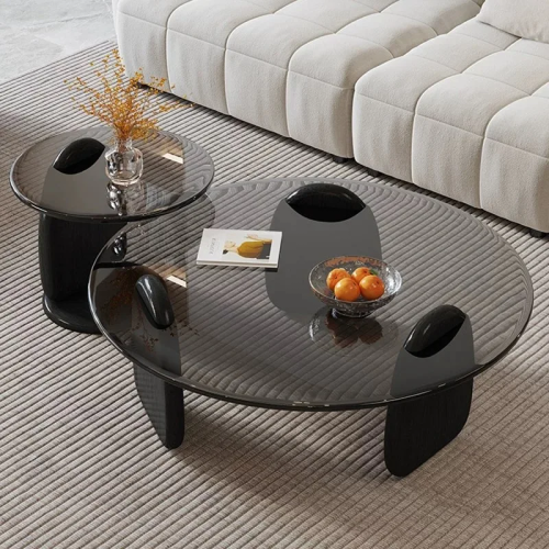 طقم طاولتين ضيافة أرضي خشب أسود سطح زجاج دائري أسو...