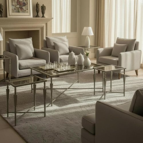 طقم طاولات سطح زجاج لون شمباني مع 4 خدمة