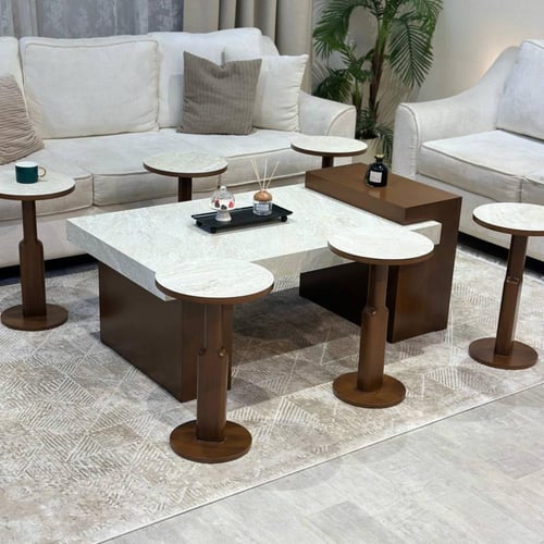 طقم طاولة ضيافة قاعدة خشب بني سطح بديل الرخام مع 6...