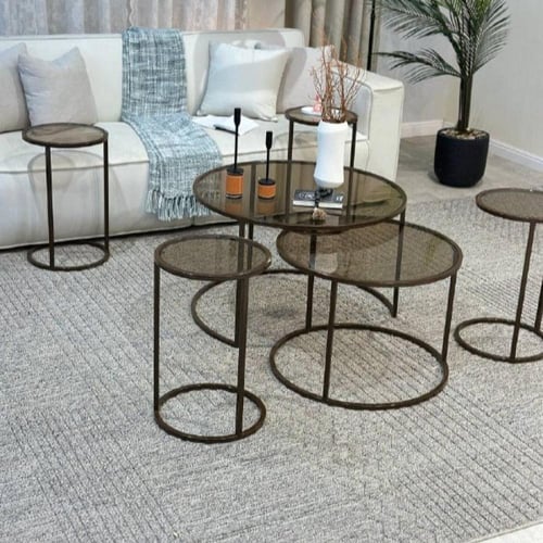 طقم طاولات ضيافة لون بني زجاج بني مع 4 خدمة