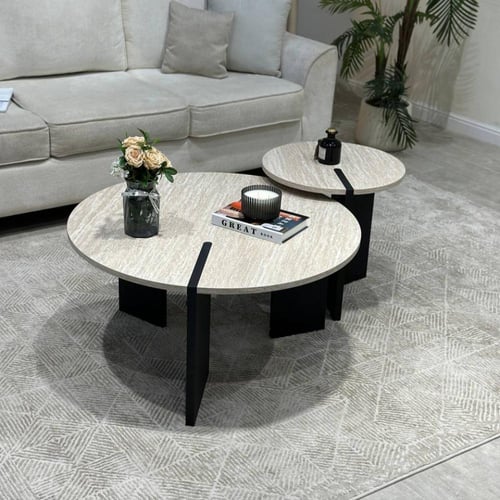 طقم طاولتين خشب شبيه الرخام قاعدة لون أسود - بتصمي...