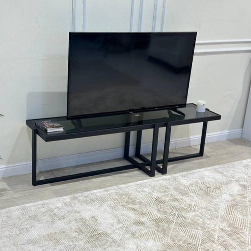 طاولة تلفزيون حديد أسود زجاج أسود شفاف