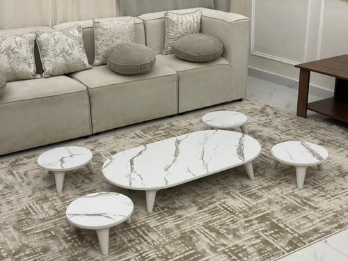 طقم طاولات ارضي خشب أبيض شكل بيضاوي - بتصميم أنيق...