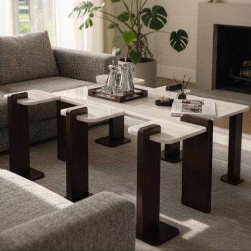 طقم طاولات خشب مع بديل رخام فاخر (1 + 6)