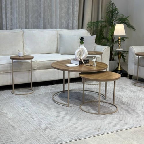 طقم طاولتين متداخلة شمباني خشب بني مع 4 خدمة