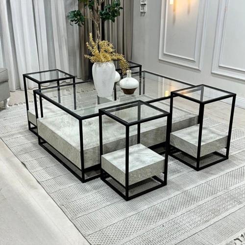 طقم طاولة تقديم بديل الرخام مع سطح زجاج شفاف و 4 ط...