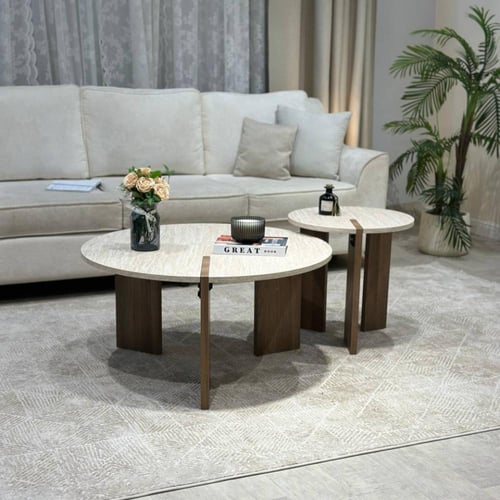 طقم طاولتين خشب شبيه الرخام قاعدة لون بني - بتصميم...