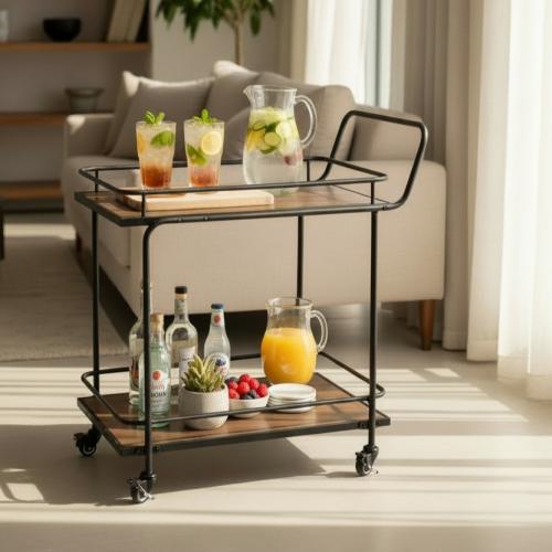 عربية تقديم دورين خشب بني سطح زجاج شفاف - بتصميم ف...