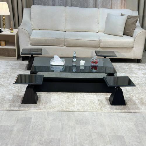 طقم طاولات سطح مراية أرضي مع 4 خدمة لون اسود - بتص...