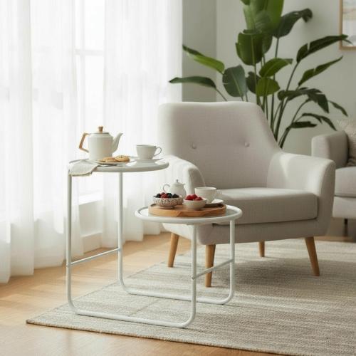 طاولة جانبية دورين حديد أبيض سطح زجاج شفاف - بتصمي...