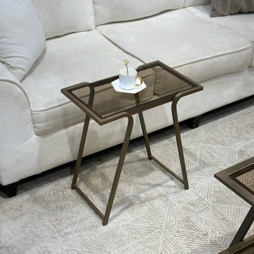 طاولة ضيافة دورين لون نحاسي سطح زجاج بني شفاف مع 4...