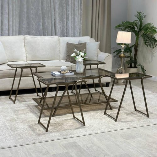 طاولة ضيافة دورين لون نحاسي سطح زجاج بني شفاف مع 4...