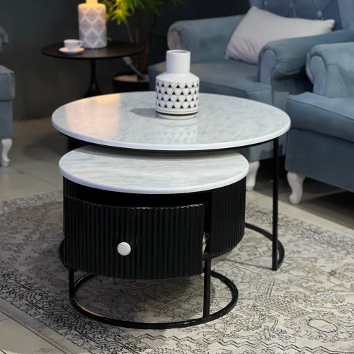 طقم طاولتين متداخله سطح خشب شكل رخامي لون اسود (tl...