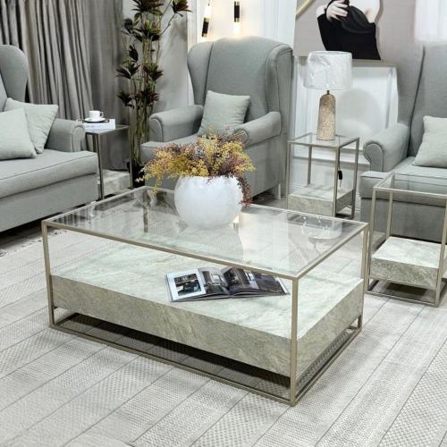 طقم طاولة تقديم بديل الرخام مع سطح زجاج شفاف و 4 ط...