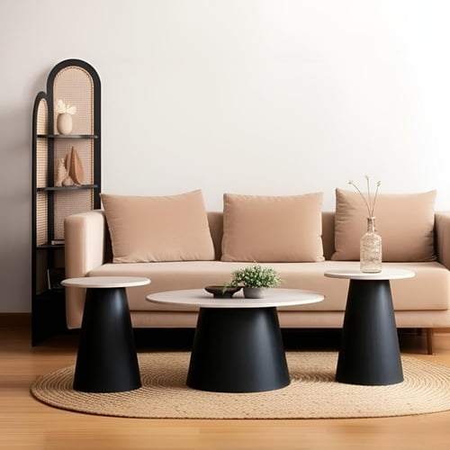 طقم طاولات ضيافة 3 قطع قاعدة حديد سوداء سطح خشب بي...