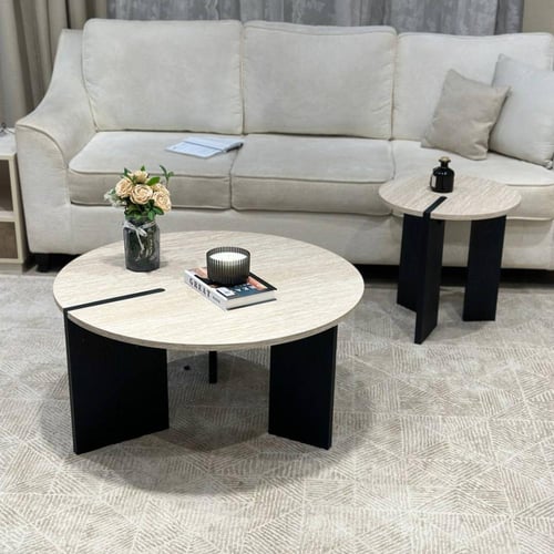 طقم طاولتين خشب شبيه الرخام قاعدة لون أسود - بتصمي...