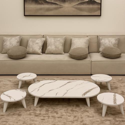 طقم طاولات ارضي خشب أبيض شكل بيضاوي - بتصميم أنيق...