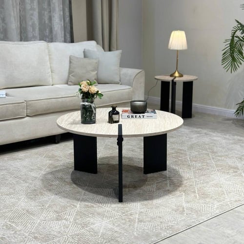 طقم طاولتين خشب شبيه الرخام قاعدة لون أسود - بتصمي...